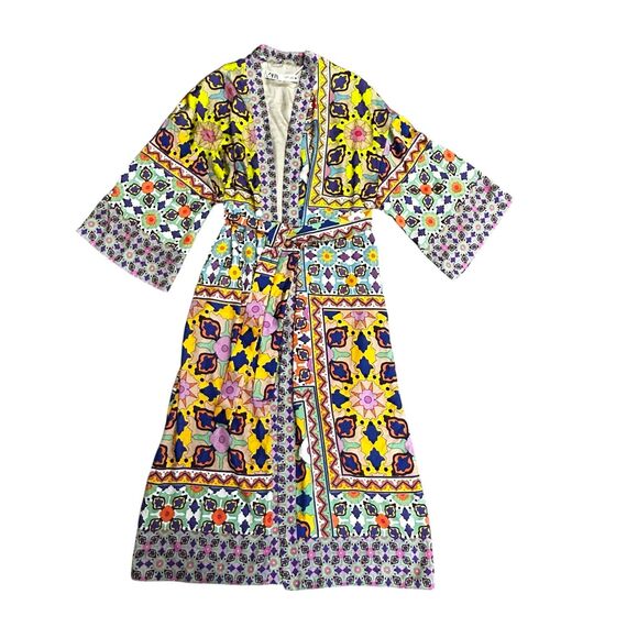 Zara Satin Effect Colorful Boho Floral Belted LS Kimono Duster Robe Size S - Picture 3 of 16